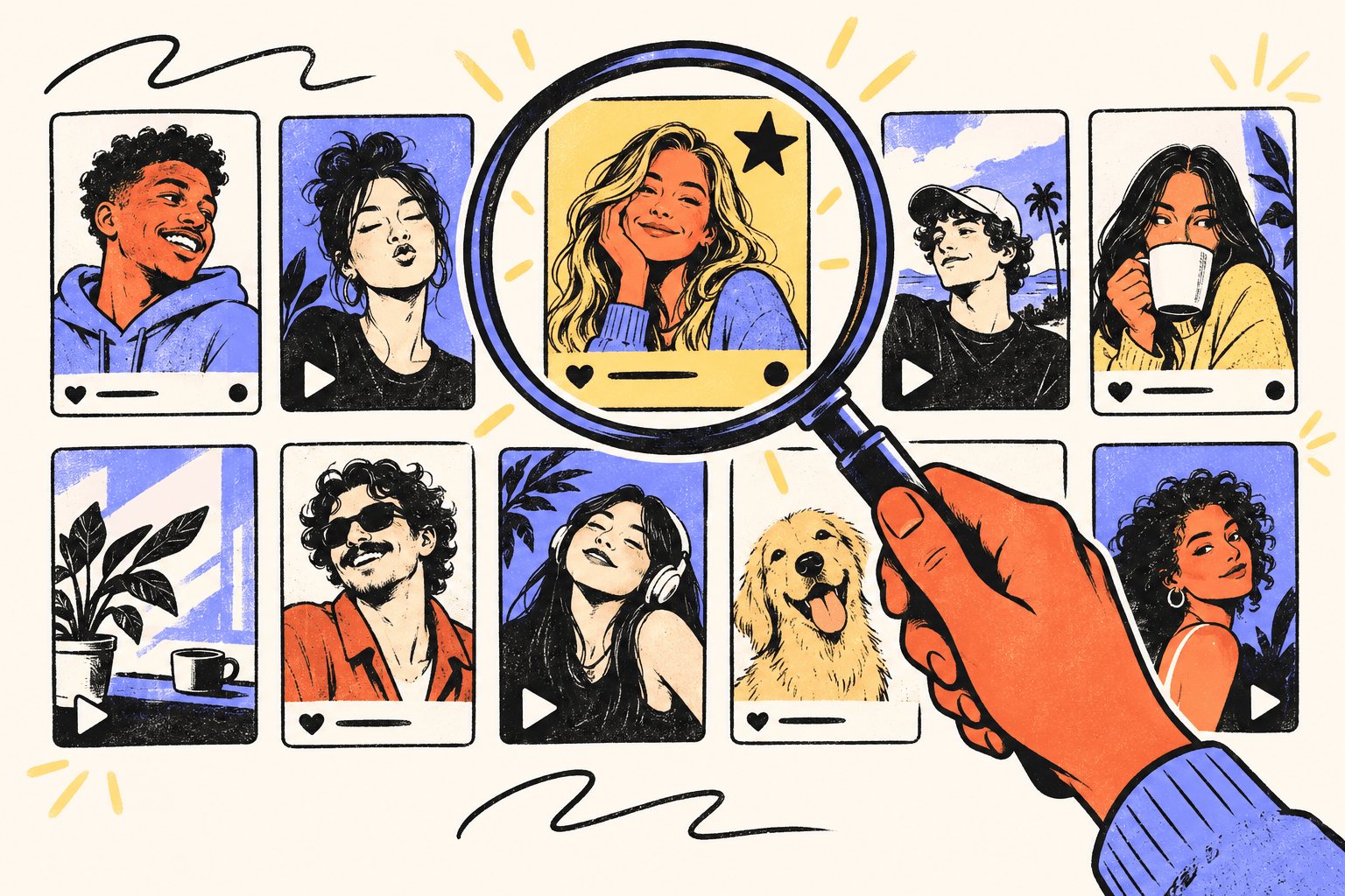 An illustrated magnifying glass selecting a relevant creator from a diverse portfolio grid