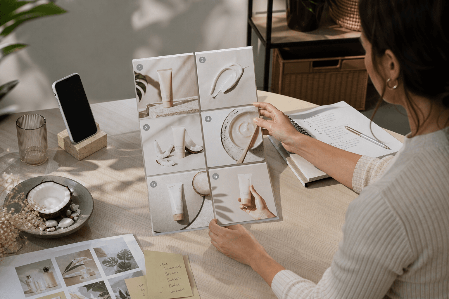 Editorial planning scene for TikTok slideshow content: marketer arranging printed product photos, ingredient callouts, and caption drafts into a six-frame vertical sequence beside a phone mockup, natural desk light, realistic ecommerce production setting, no platform screenshot.