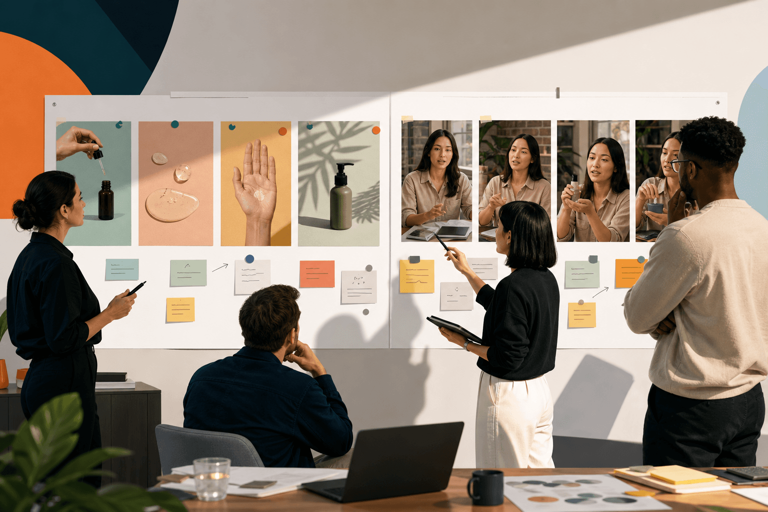 Creative review board comparing two TikTok concepts: slideshow frames for step-by-step explanation beside creator-video shots for motion proof, concise edit notes pinned around both, clean studio wall, modern editorial photography.
