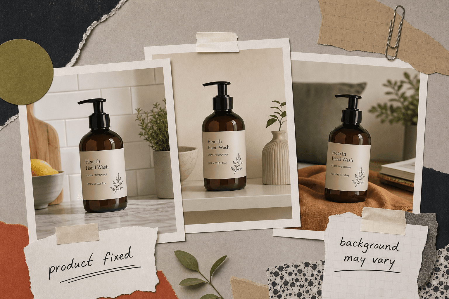 Commercial still-life showing one real ecommerce product packshot locked in place across three ad comps for Facebook and Instagram placements. The surroundings change between a bright kitchen, a neutral shelf, and a simple lifestyle backdrop, but the product itself stays identica