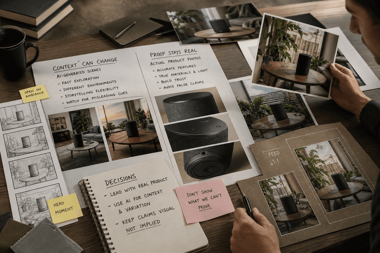 Production review scene on a desk with storyboard frames, placement mockups, and annotated decision notes splitting 'context can change' from 'proof stays real'. Show close reference photos of the actual product beside AI-generated environment comps and crop guides for Feed and R