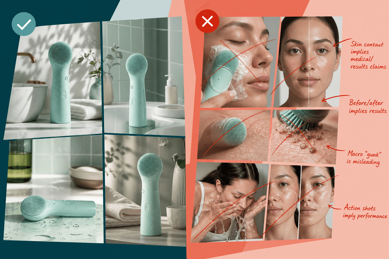 Comparison board for a skincare-tool campaign: acceptable product-only shots in generated bathroom settings on one side, and rejected synthetic skin-contact and result imagery on the other with clear redline comments. Make the contrast editorial and concrete, like a real approval