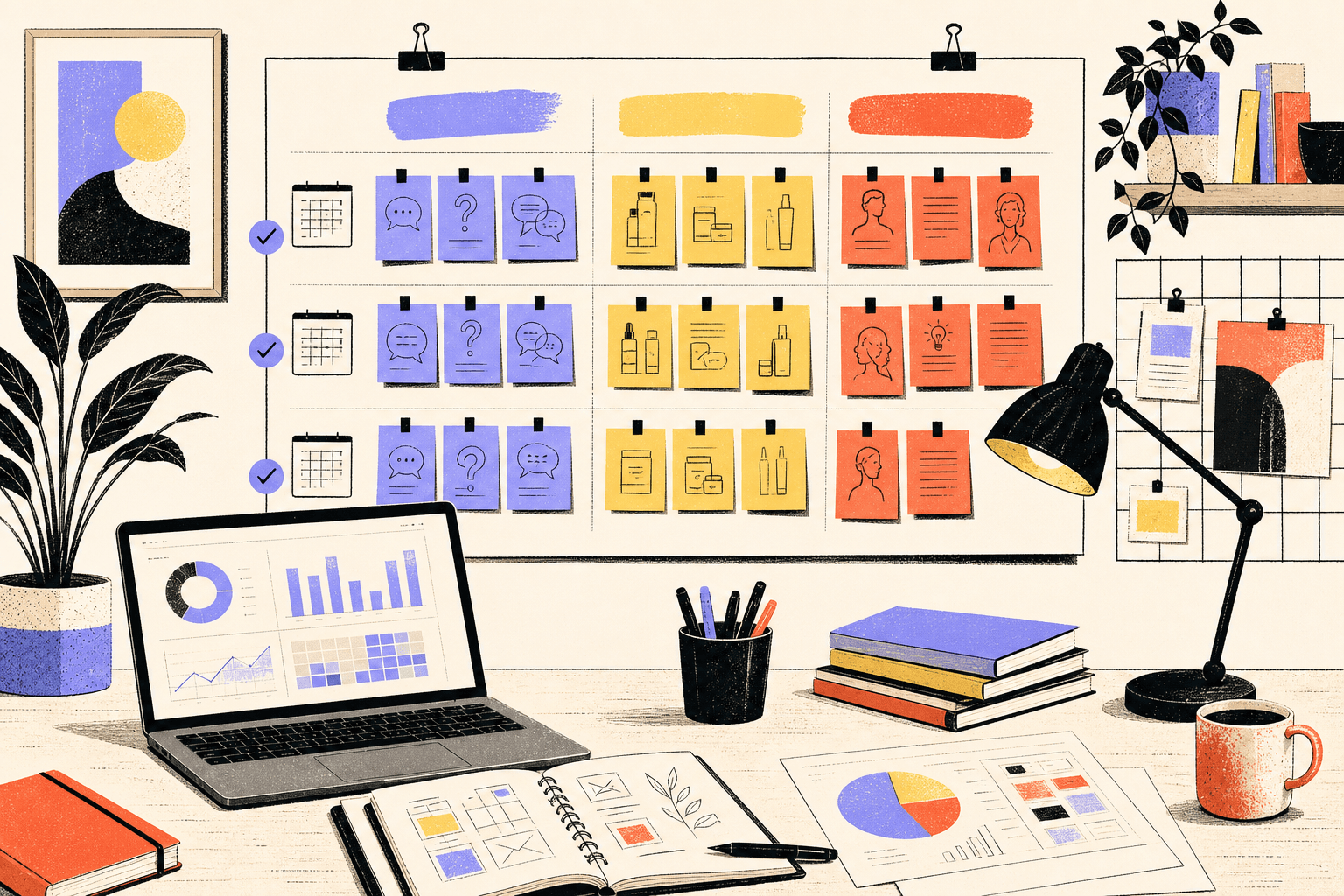 Editorial planning desk for an ecommerce brand marketer, showing a 90-day content audit board with sticky notes grouped into content buckets like customer questions, product education, and founder POV, laptop dashboards visible, clean modern office illustration