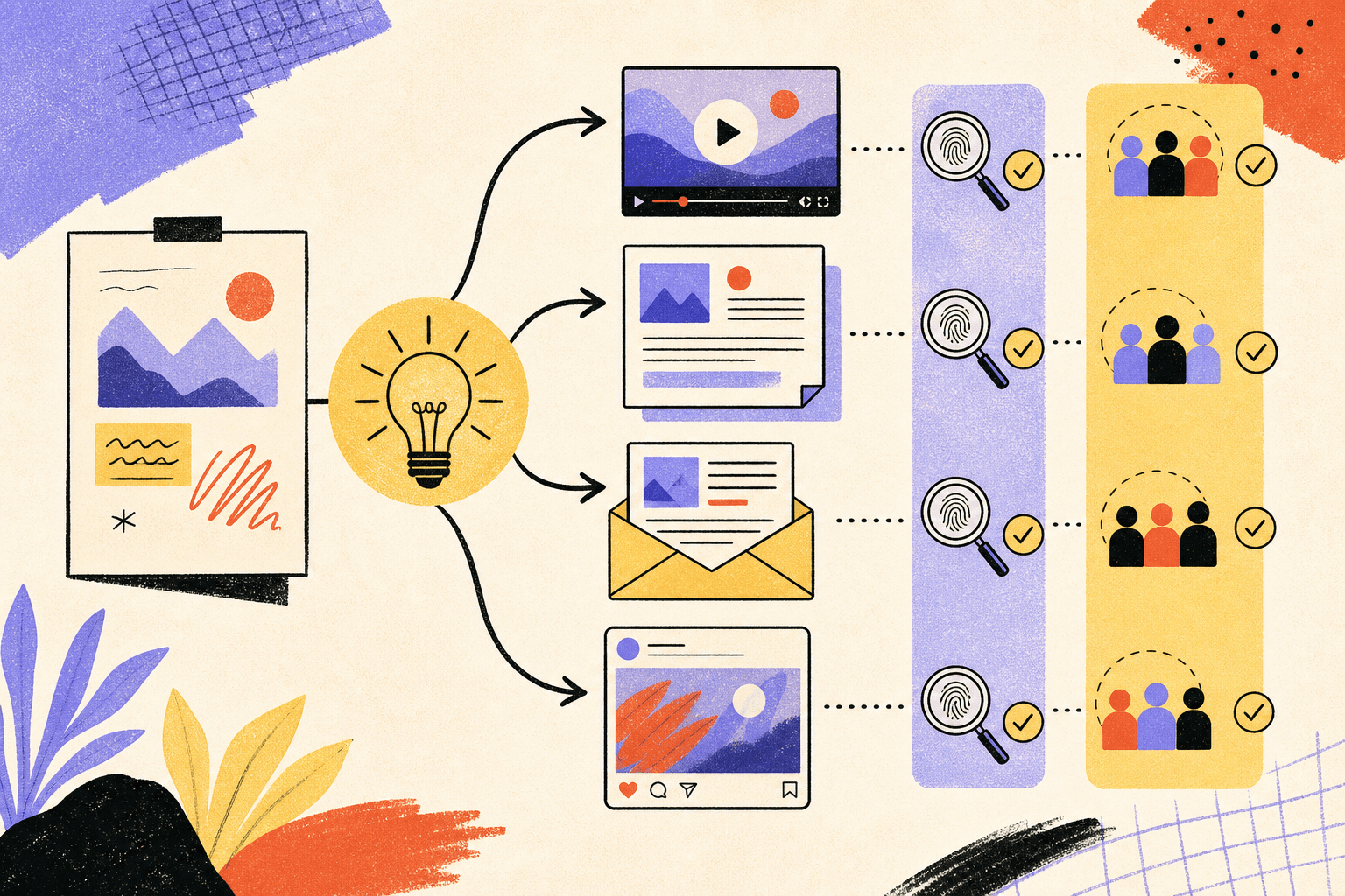Platform-native content adaptation scene showing one core campaign idea branching into a short video, LinkedIn article, newsletter, and original social post, with visual cues for originality review and audience fit, educational flat design