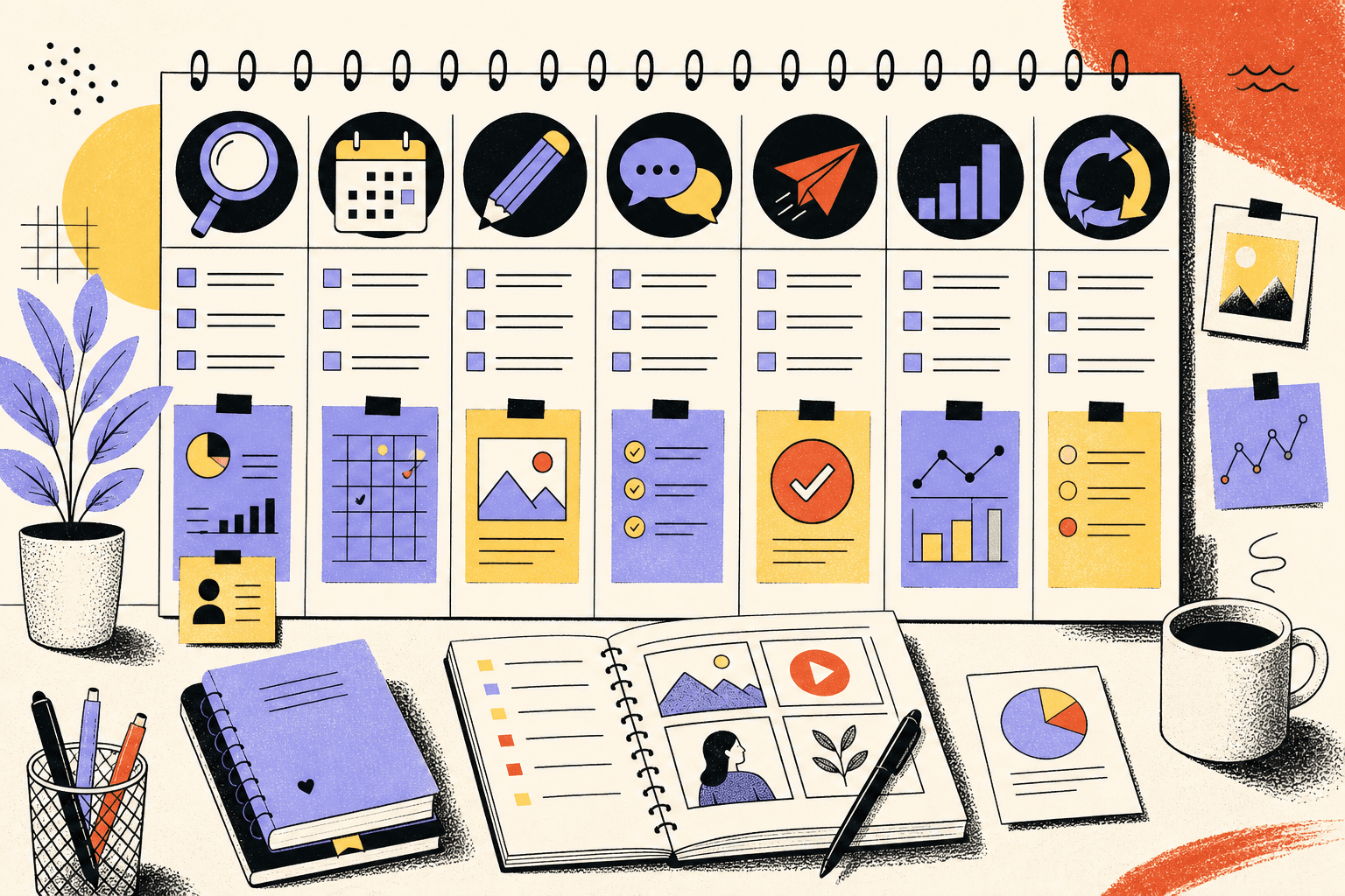Monthly organic social workflow dashboard for a lean consumer brand team, with columns labeled audit, plan, create, review, publish, measure, refine, plus checklist items and performance notes by bucket, polished instructional illustration