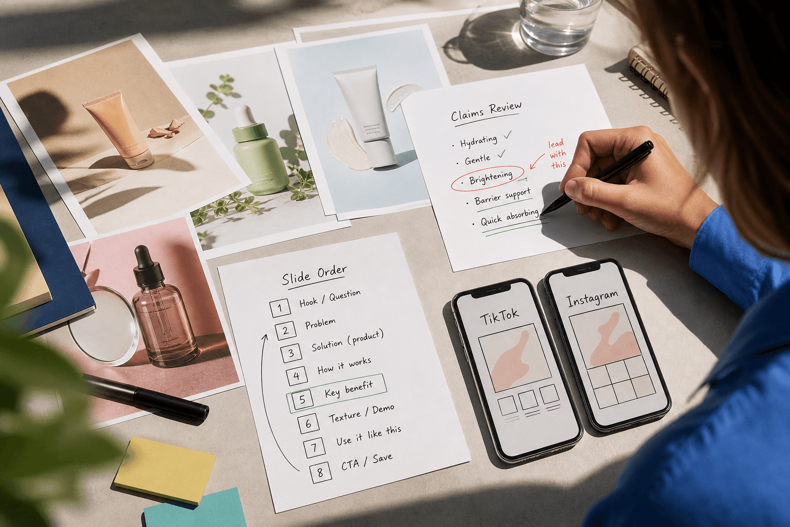 Editorial production scene for social slideshow planning: printed skincare product images, a marked-up claim sheet, handwritten slide order notes, and two phone mockups labeled TikTok and Instagram on a real desk, natural light, no fake analytics or fabricated app screenshots.