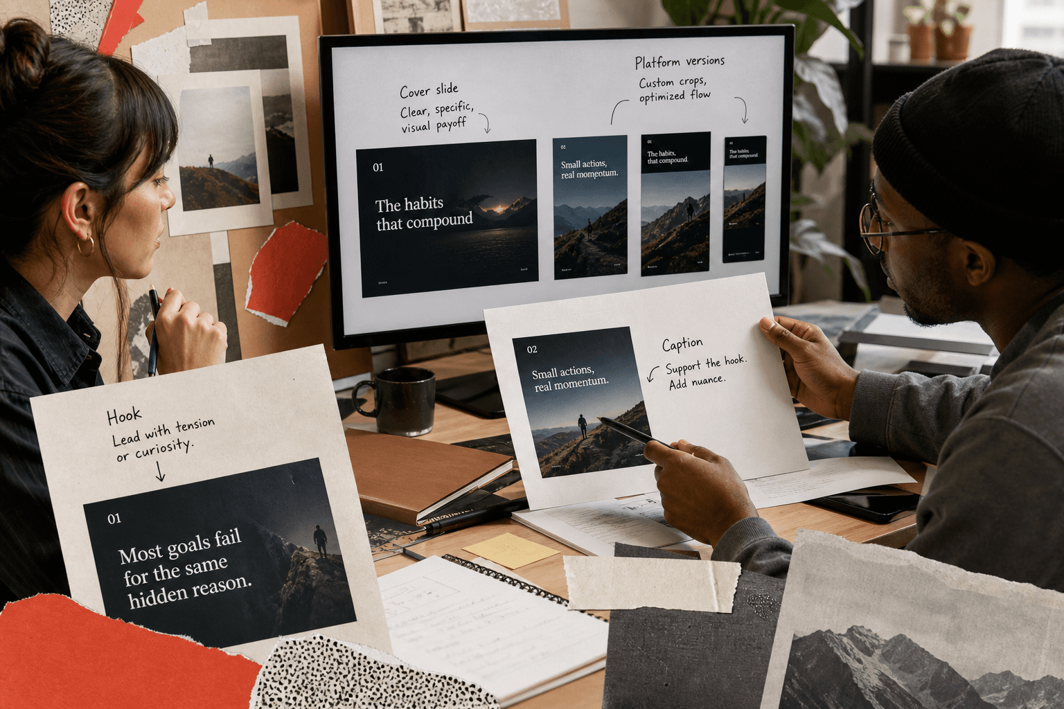 Process-focused office photo of a marketer and designer reviewing a supplement slideshow draft with visible annotations on hook, cover slide, caption, and separate platform versions, documentary style with paper proofs and a monitor, no dashboards.