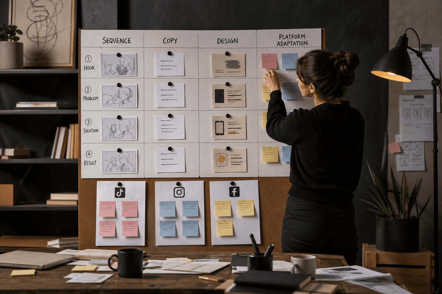 Real-world planning board showing one product story split into Sequence, Copy, Design, and Platform Adaptation columns, with separate TikTok, Instagram, and Facebook notes pinned beneath, photographed like an editorial workspace rather than a polished presentation.