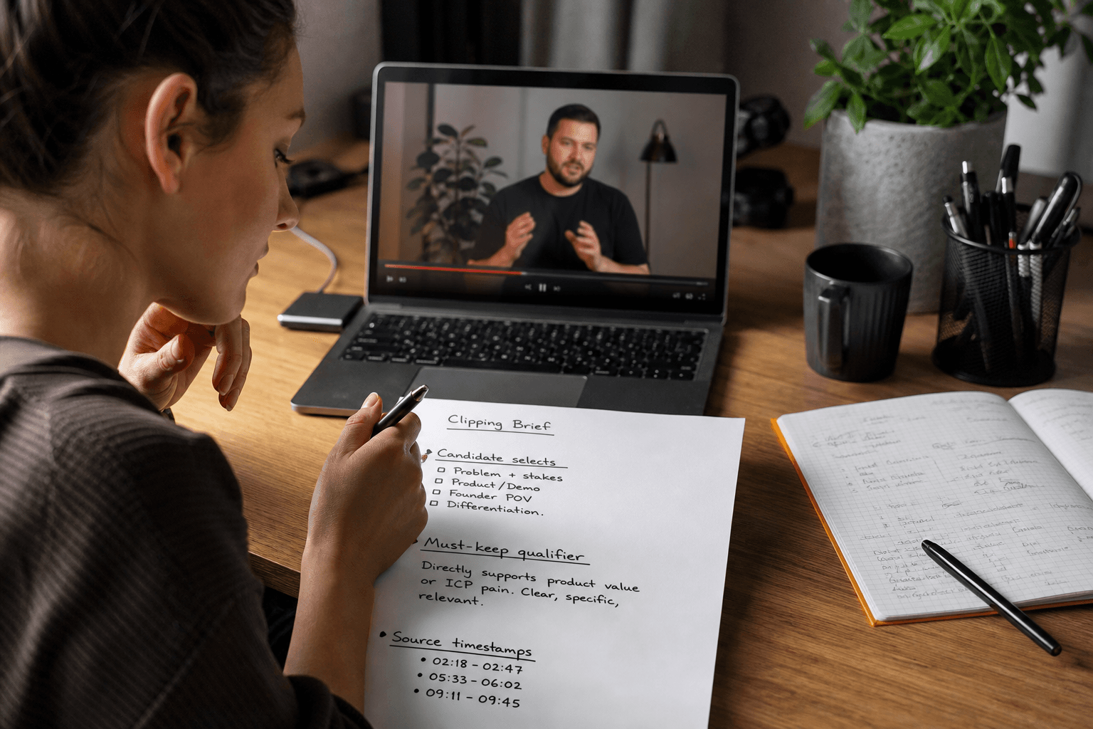 A marketer reviewing a clipping brief beside a paused founder interview timeline, with notes for candidate selects, must-keep qualifier, and source timestamps; real production desk, no fake platform UI.