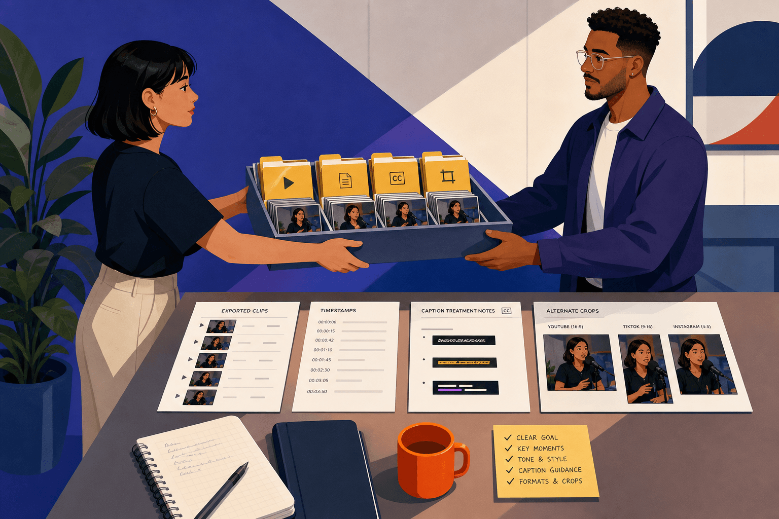 A delivery handoff scene with organized exported clips, timestamp sheet, caption treatment notes, and alternate crop versions laid out for YouTube, TikTok, and Instagram review; process-focused and concrete.