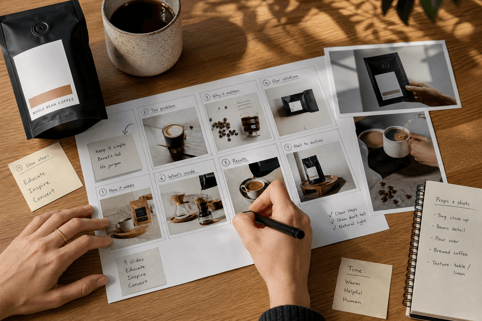 Editorial planning scene for an Instagram explanatory carousel: printed slide storyboard on a desk, coffee packaging, product stills, copy notes, and a marketer marking slide order with a pen, realistic ecommerce work setting, natural light, no fake analytics or fabricated social