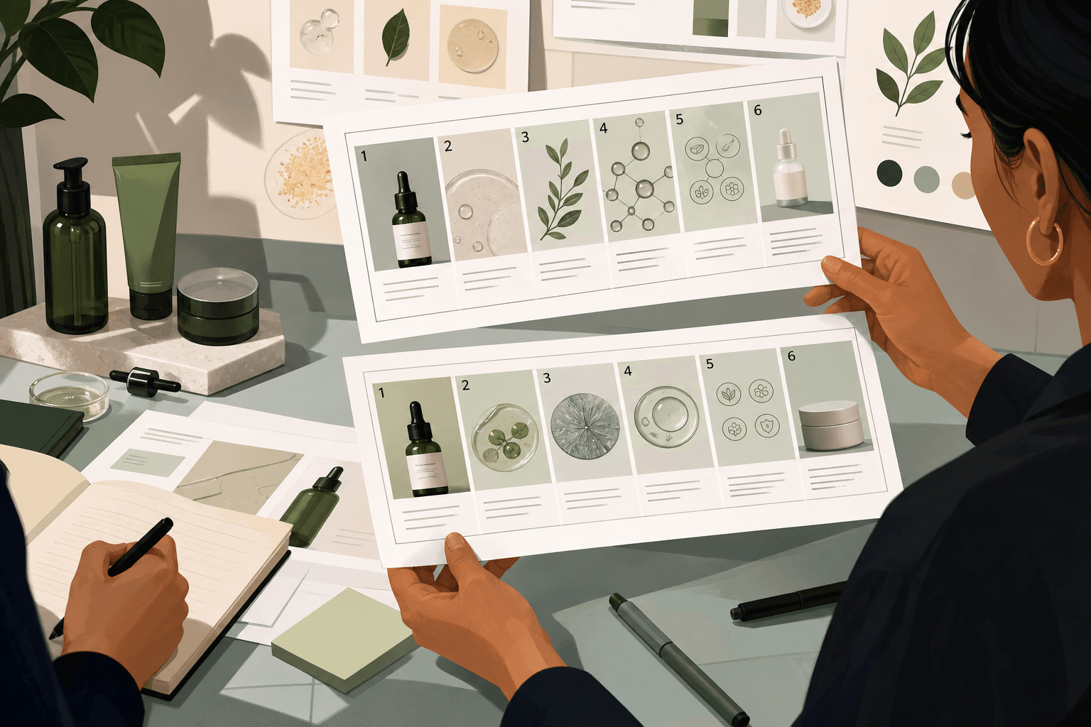 Close production view of a skincare ingredient explainer carousel in review: packaging photography, ingredient icons, paper proofs with concise slide copy, editor comparing two sequence options for clarity, clean workspace, realistic brand process, no invented Instagram UI.