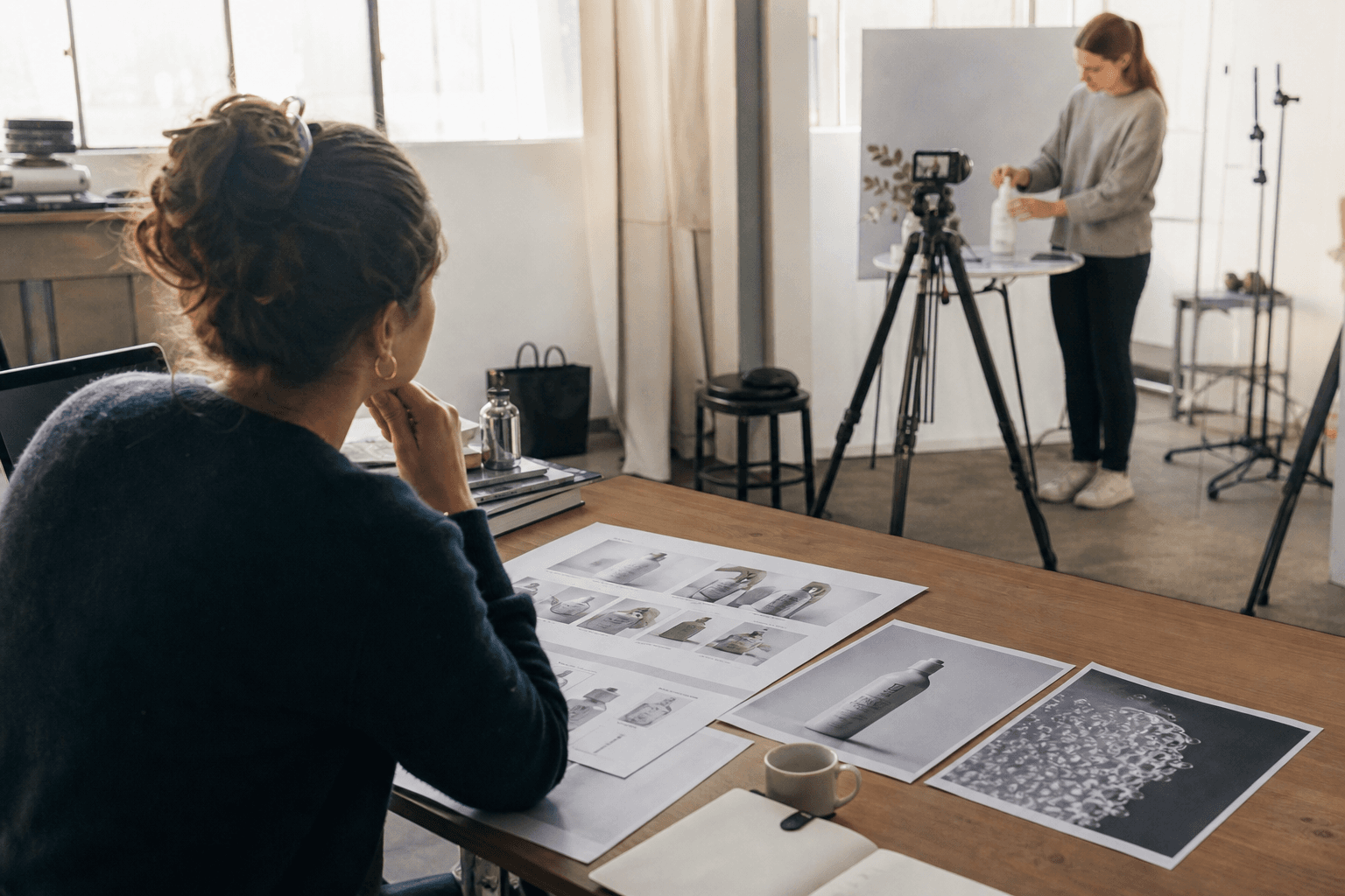 Format comparison scene for a consumer brand deciding between carousel and creator video: left side shows still-frame storyboard and product photos, right side shows a simple creator demo setup with tripod and product, realistic studio environment, designed to explain clarity ver