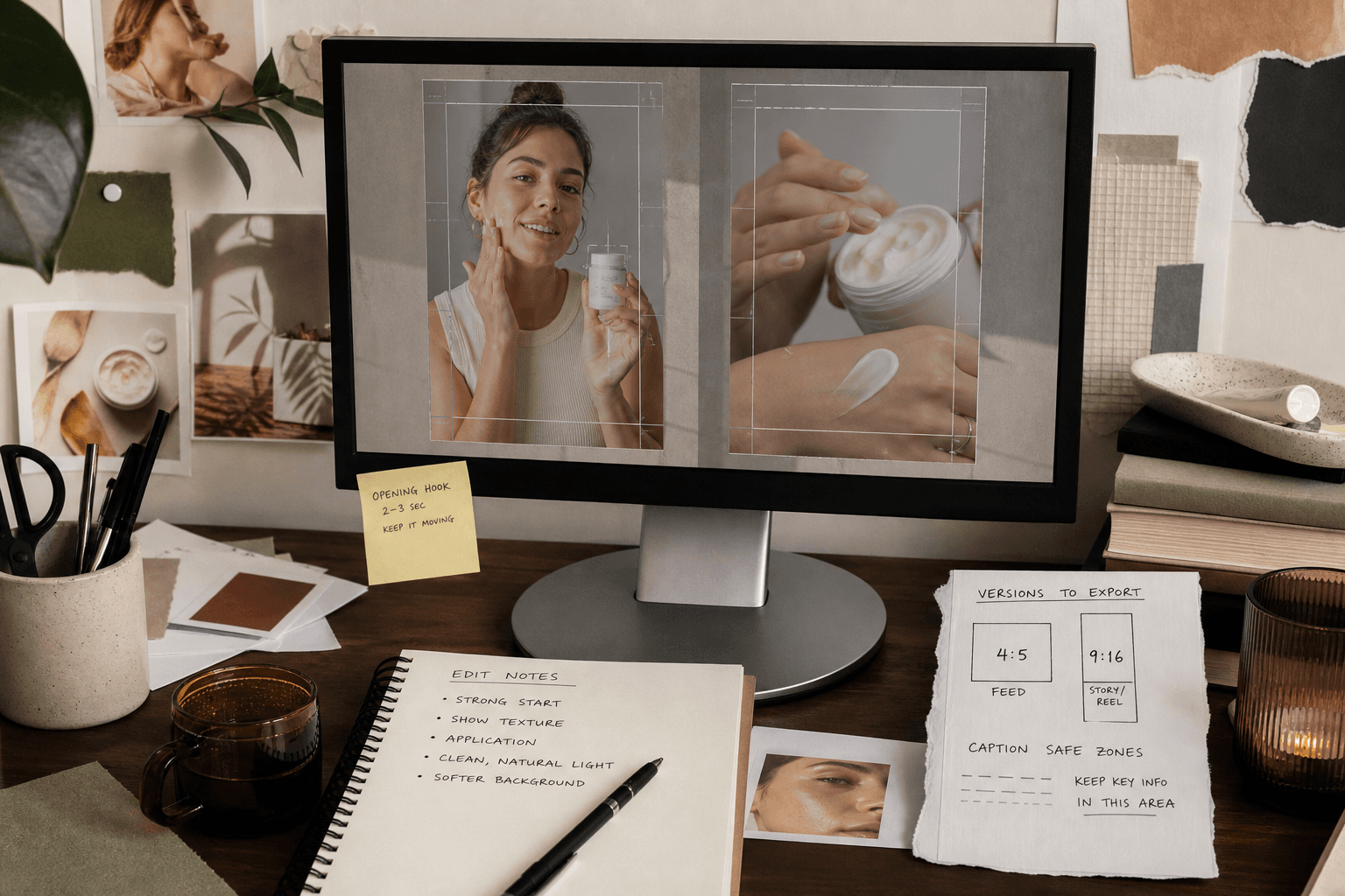 Editor’s desk with two cuts of the same skincare Facebook ad on a monitor: one opens on creator intro, the other on cream texture and application. Printed frame notes mention 4:5 feed crop, 9:16 version, safer caption placement. Realistic production setting, no fake platform anal