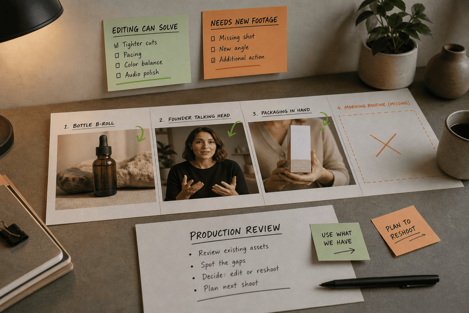 Production review table with supplement assets laid out as storyboard frames: bottle b-roll, founder talking head, packaging in hand, and an obvious missing morning-routine shot. Colored annotations mark what editing can solve versus what requires new footage. Concrete brand-cont