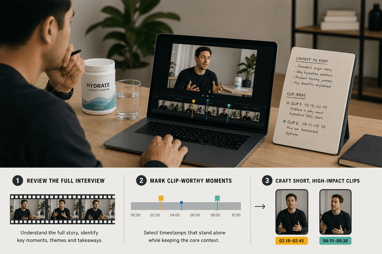 Realistic production scene of a marketer reviewing a long-form founder interview on a laptop timeline, marking timestamps for two short vertical clips while comparing product shots and notes on kept context; hydration product tub and glass on desk, documentary editorial style, no