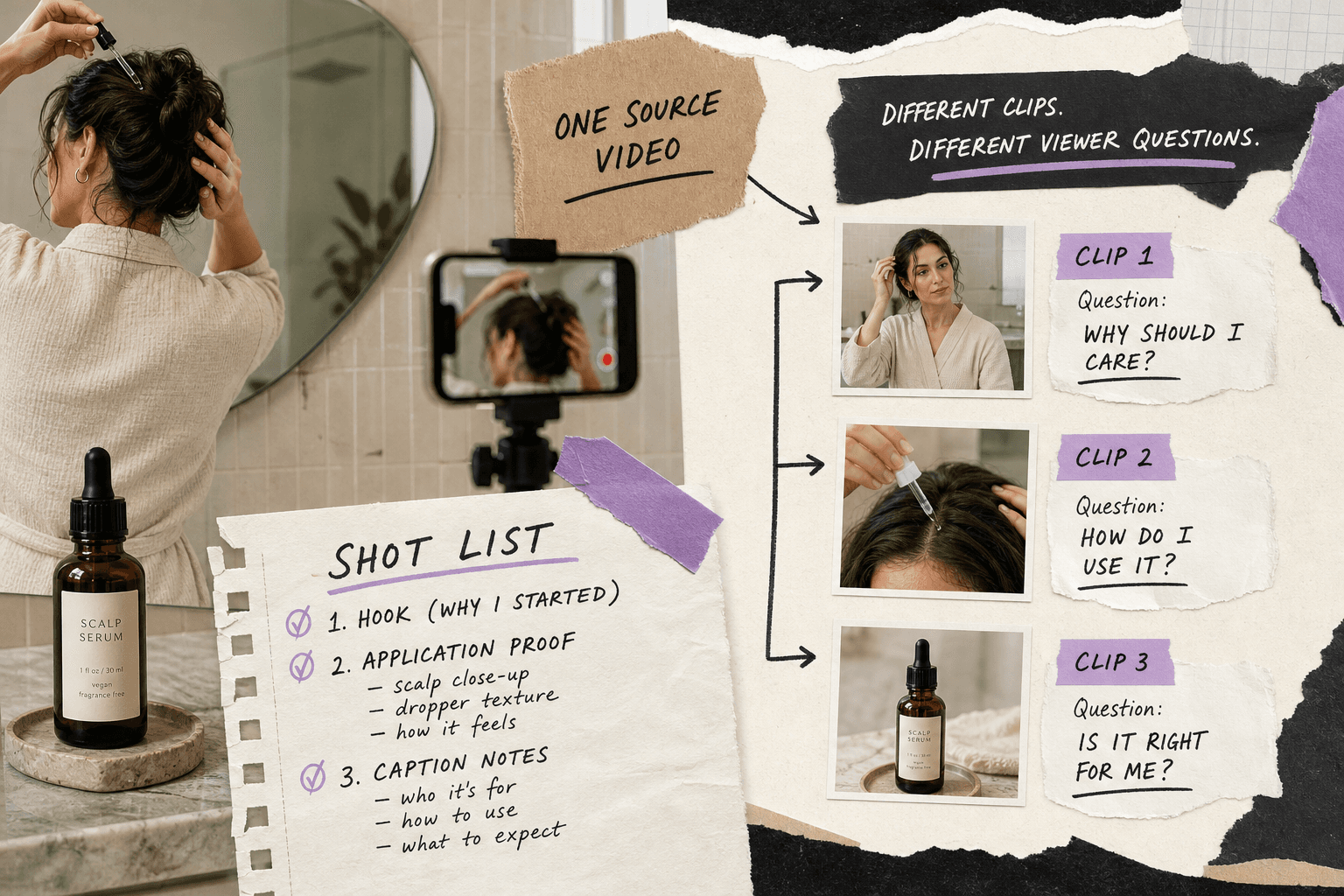Creator routine filming setup in a bathroom or vanity space, with a scalp serum bottle, phone on tripod, handwritten shot list showing hook, application proof and caption notes; the image should explain how one source video becomes different clips for different viewer questions.