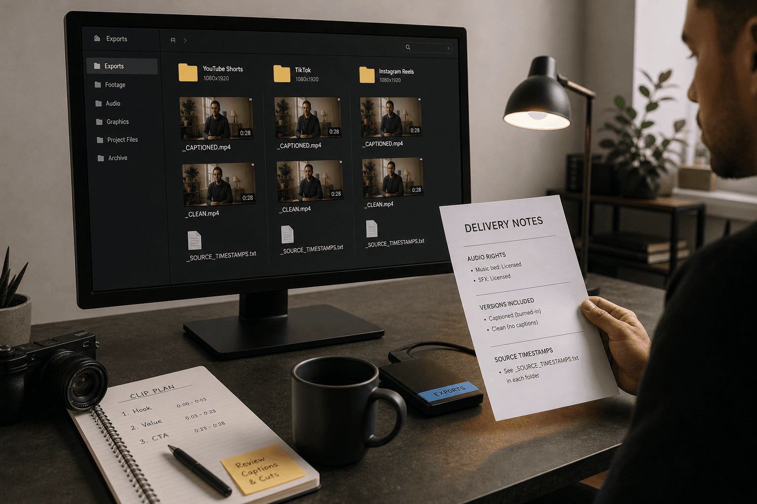 Practical handoff review scene showing organized exports for YouTube Shorts, TikTok and Instagram Reels on a desktop file view beside simple delivery notes about audio rights, captioned versus clean versions, and source timestamps; realistic workflow image, no fabricated analytic