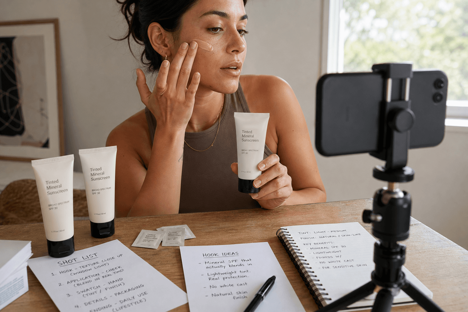 A concrete briefing scene for a beauty ecommerce campaign: tinted mineral sunscreen, sample packaging, a printed vertical shot list, hook notes, and a phone framing a close-up application test in window light. Show the direct-creator route as a contained production decision, with