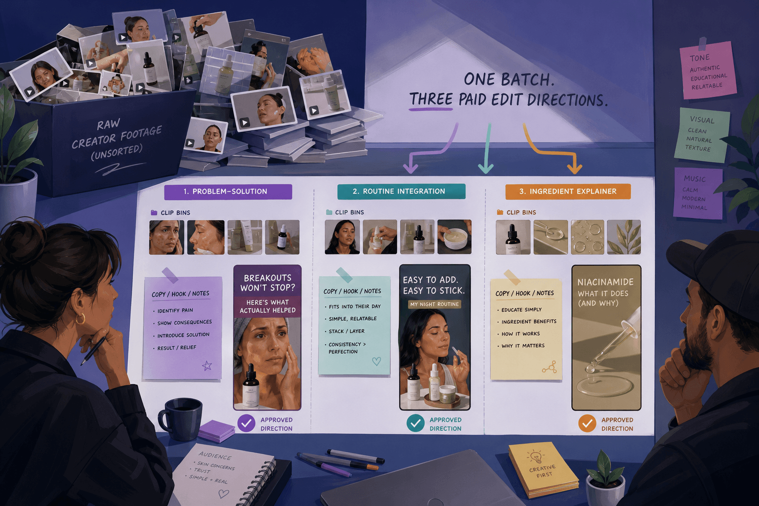Process visual showing one messy batch of creator skincare footage sorted into three vertical paid-edit directions: problem-solution, routine integration and ingredient explainer; include clip bins, copy notes and approval marks.