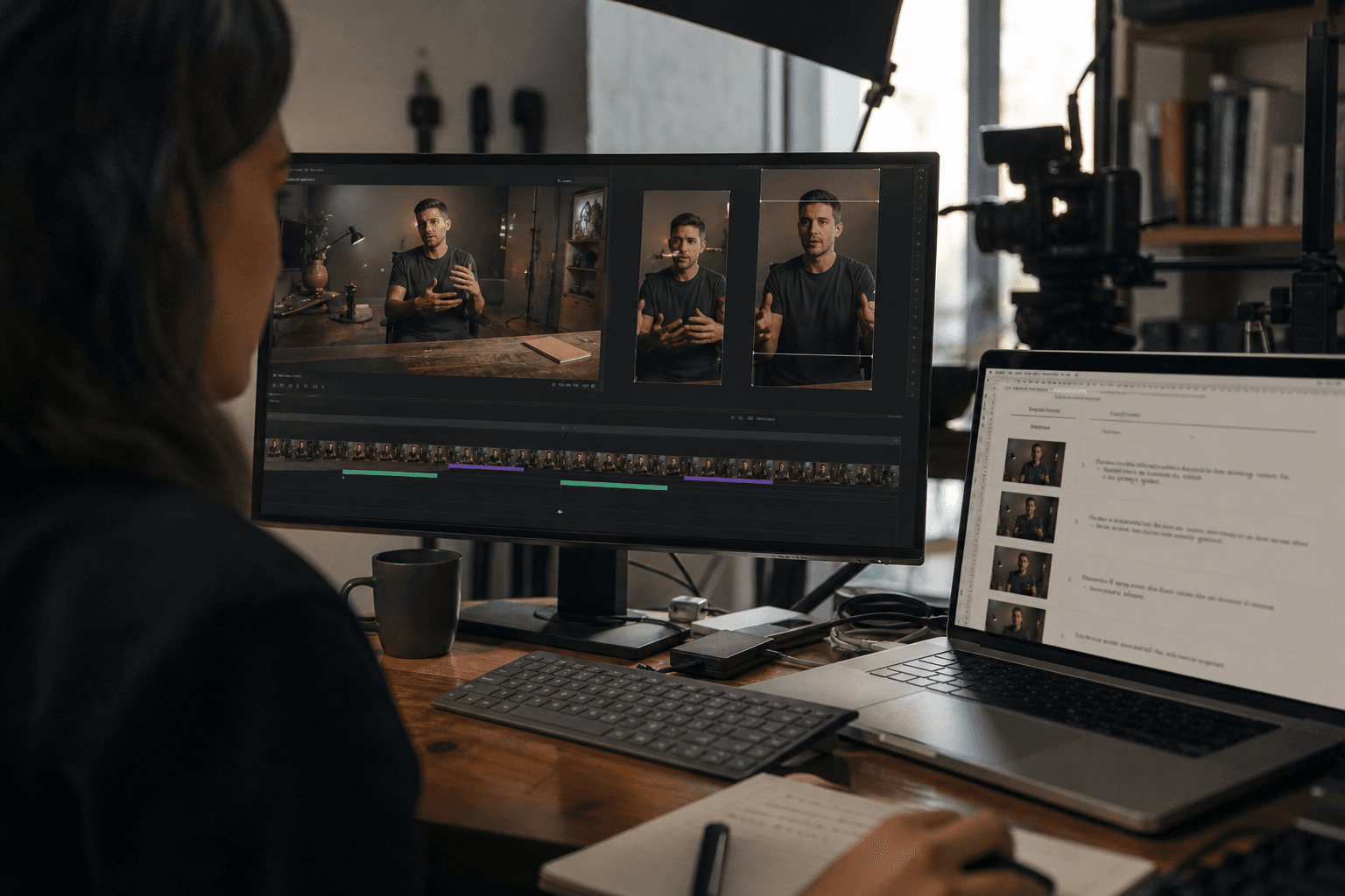 Comparison image of horizontal founder footage being adapted into vertical Shorts edits, with crop boundaries, product visibility checks and first-60-seconds planning notes; clean production scene, no fabricated social screenshots.