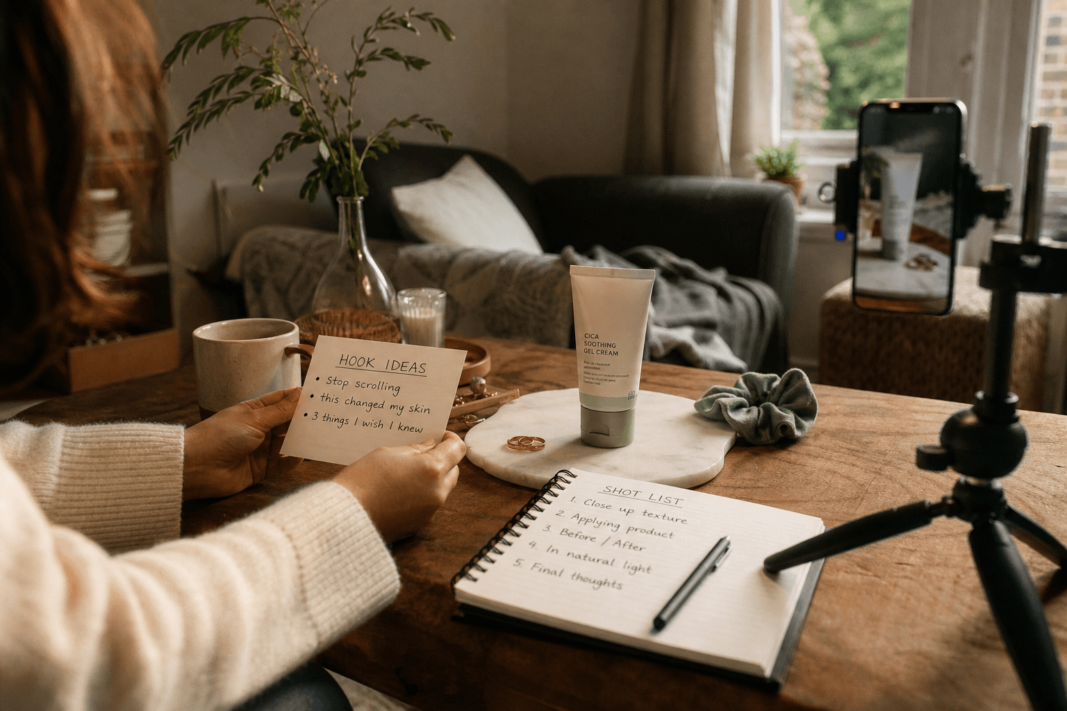 A creator-side home filming setup for a consumer product shoot, showing the product, phone tripod, soft natural window light, routine props, a handwritten hook note, and a simple shot list; documentary editorial style, no platform UI, no identifiable face.