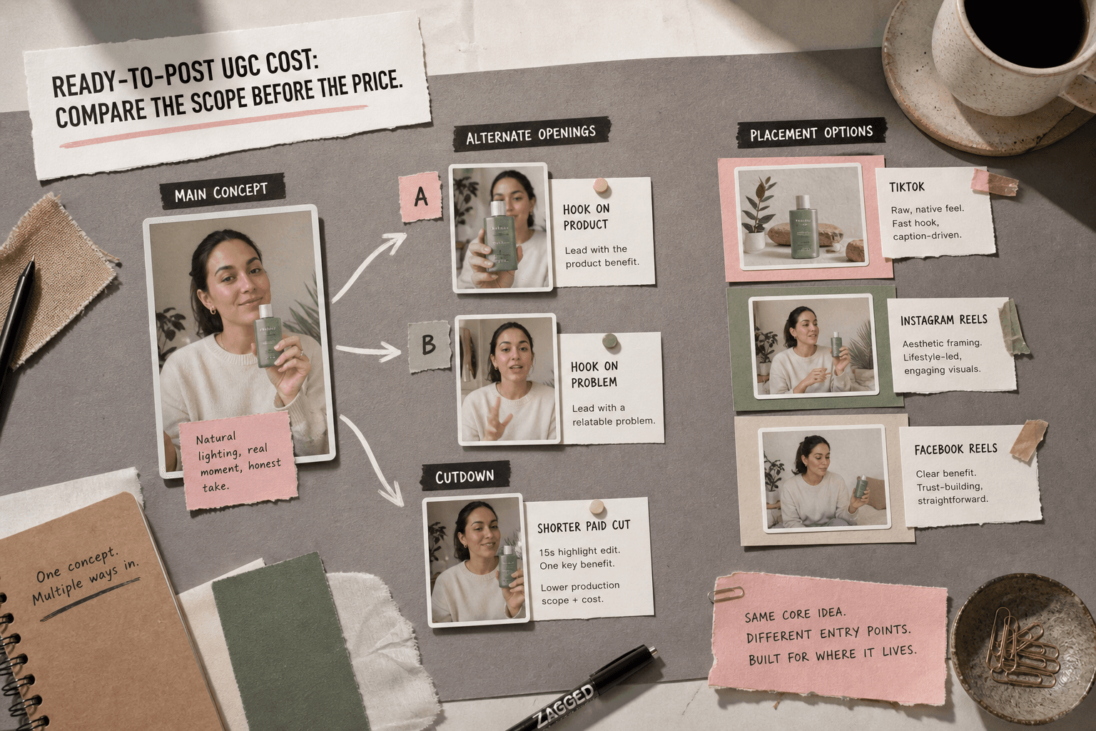 A tactile storyboard scene showing one main vertical UGC concept branching into two alternate openings and one shorter paid cutdown, with caption notes and placement cards for TikTok, Instagram Reels, and Facebook Reels; studio tabletop, muted colors, no dashboards.