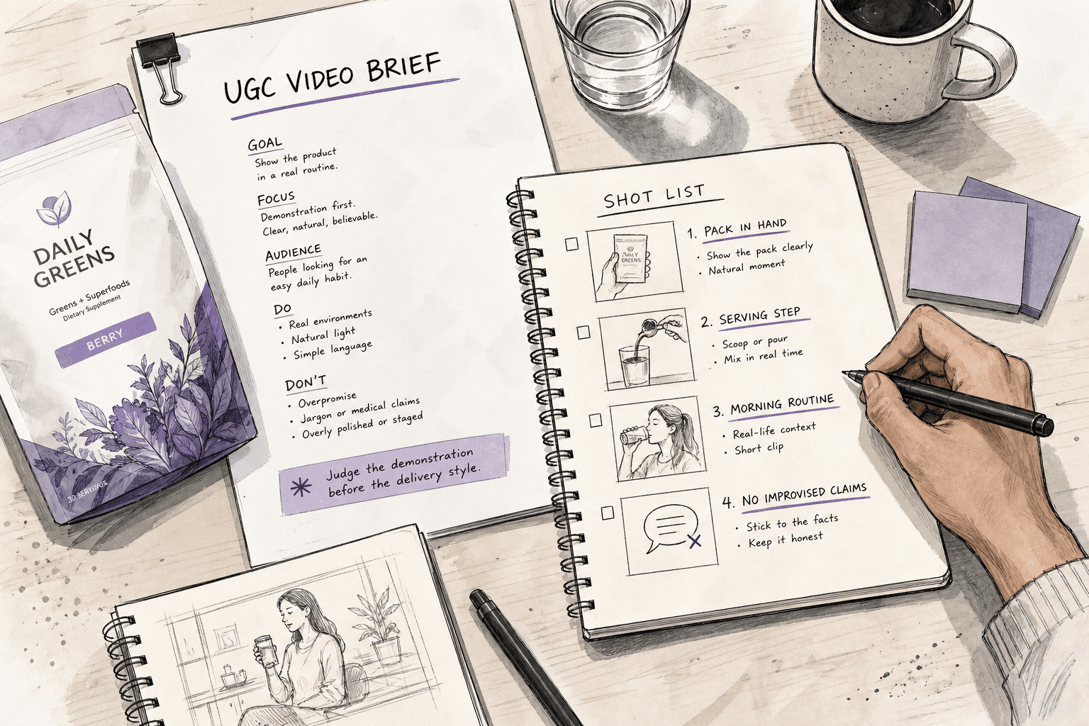 Overhead editorial planning scene for a Facebook UGC ad: printed brief beside a supplement pack, handwritten shot list reading 'pack in hand', 'serving step', 'morning routine', and 'no improvised claims'; realistic desk materials, no fake dashboards.