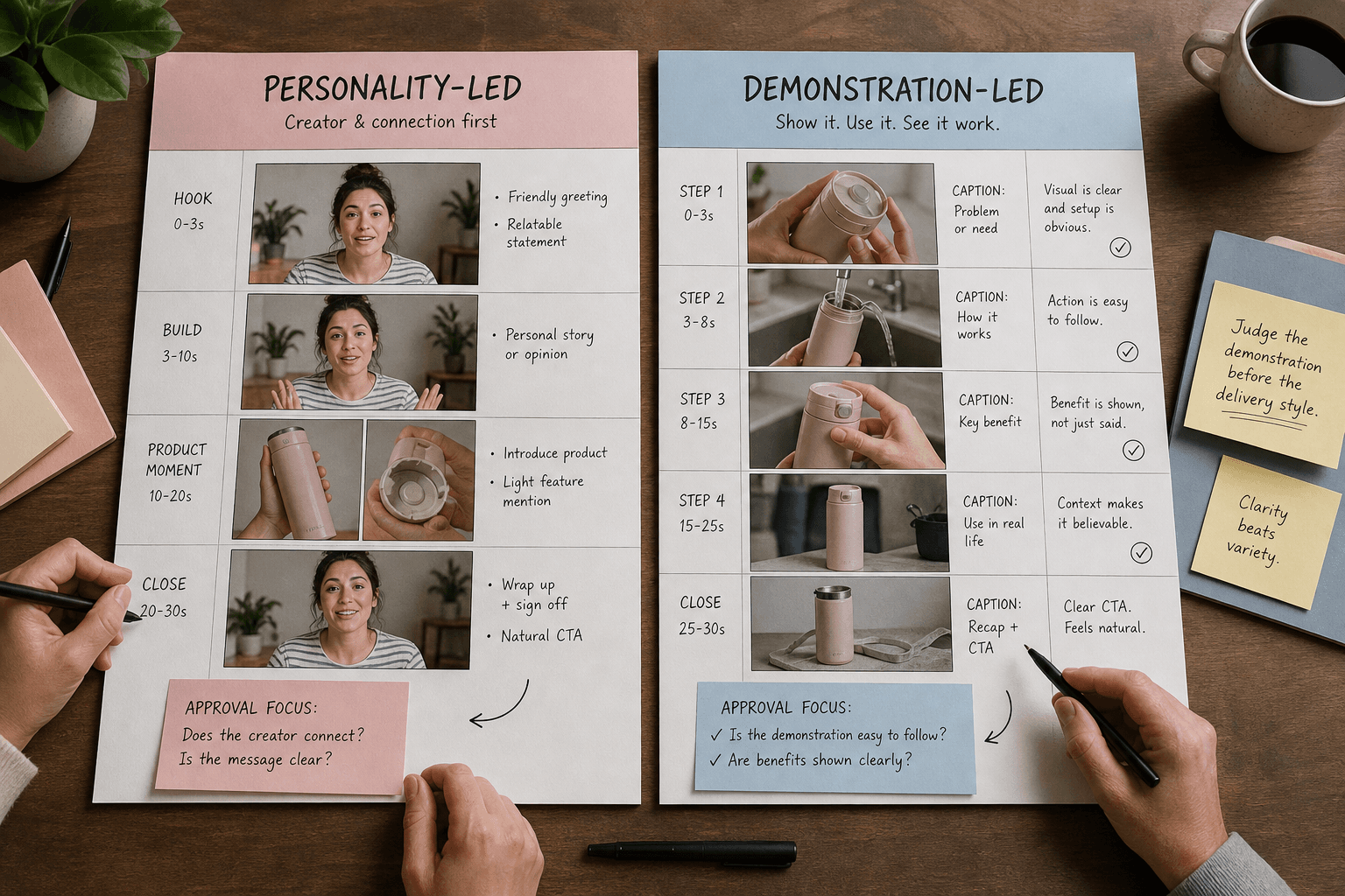 Side-by-side physical storyboard comparison on a studio table: left board labeled personality-led with creator talking head and sparse product shots, right board labeled demonstration-led with clear use sequence, captions placement, and approval notes.