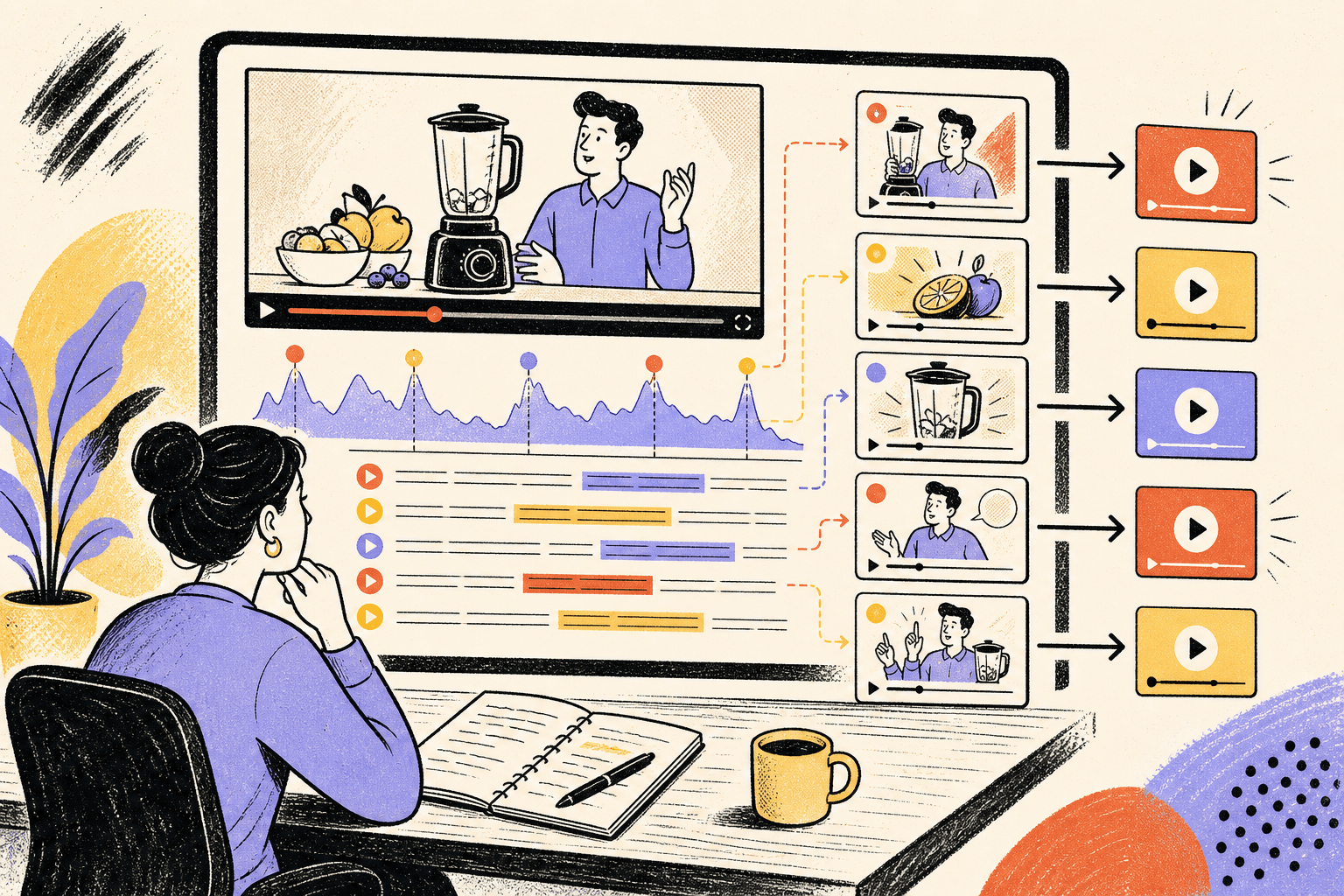 Editorial illustration of an ecommerce marketer reviewing one long product demo video on a large screen, with transcript lines, retention graph spikes, and highlighted clip candidates labeled hook, insight, proof, objection, CTA
