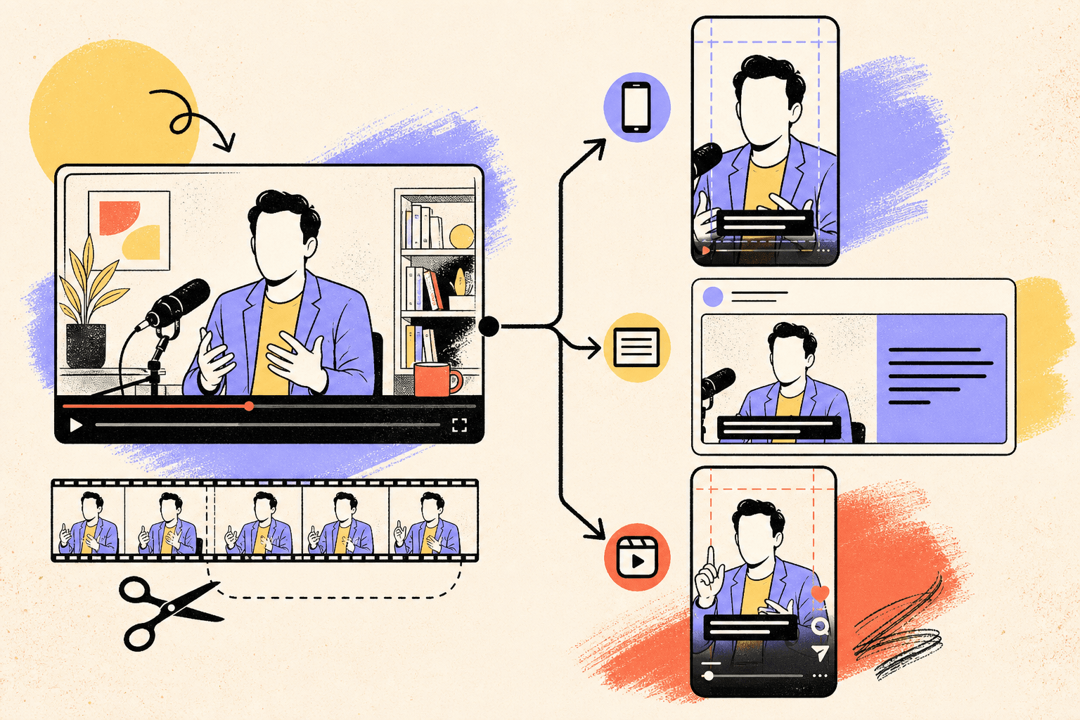 Clean educational scene showing one founder interview transforming into multiple platform-ready short videos: vertical Short, captioned LinkedIn post, and Reels-style cut, with safe-zone guides and subtitle overlays