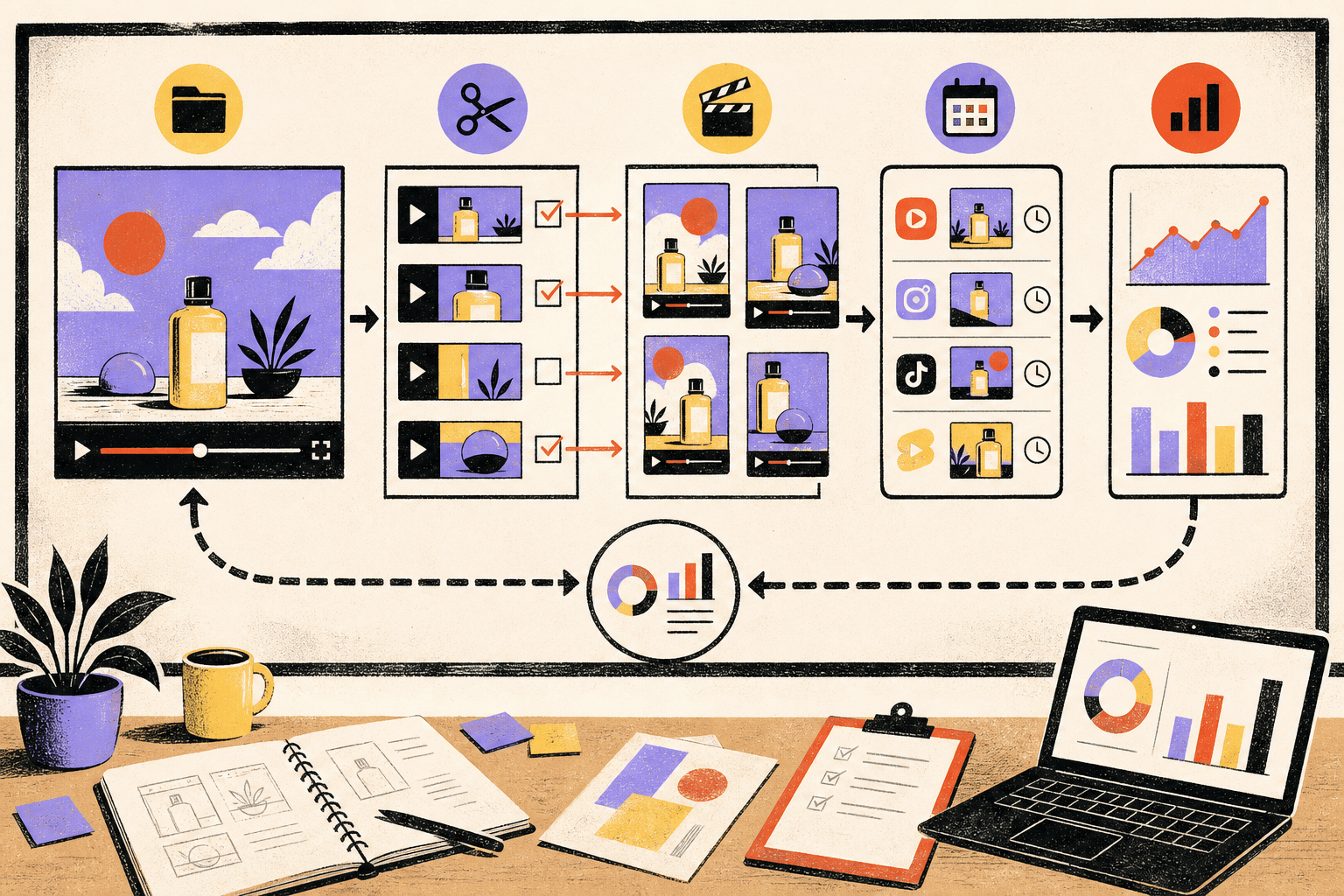 Workflow infographic scene for a consumer brand team planning a clipping campaign on a wall board: source asset, clip selection, edit variants, publishing sequence, and performance review loop