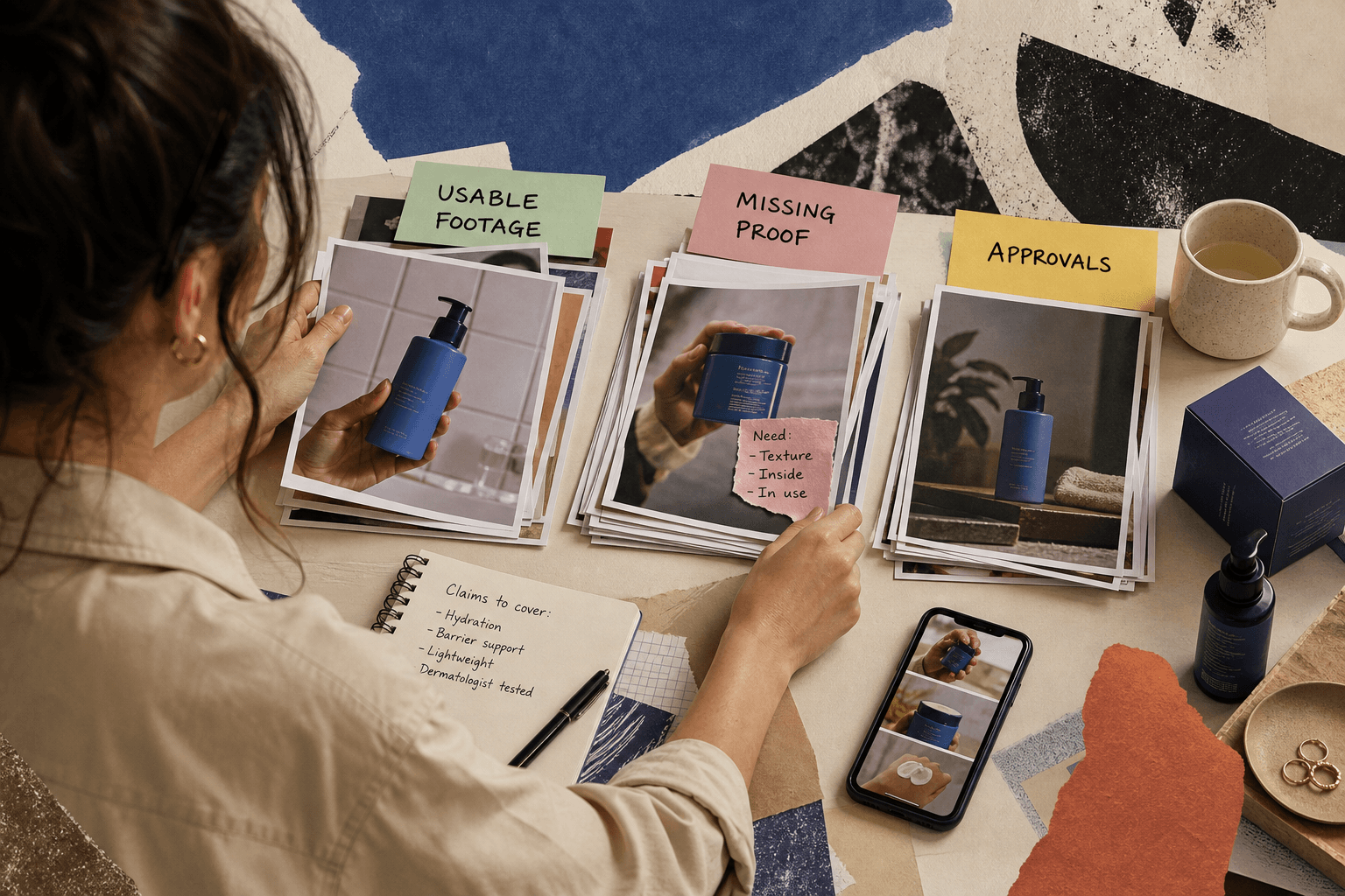 Editorial photo of a marketer at a desk sorting real ad inputs into three printed piles labeled usable footage, missing proof, and approvals, with a phone showing vertical product clips, claim notes, and product packaging nearby; concrete production scene, no fake analytics dashb