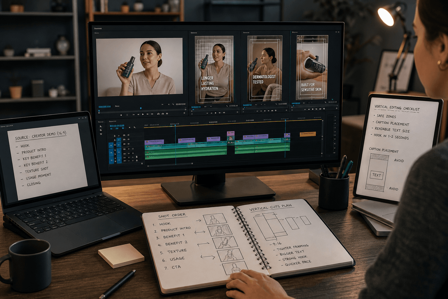 Process scene in a video editing timeline where one creator-shot product demo is being turned into several vertical paid-social cuts for TikTok and Instagram Reels, with visible safe text zones, caption placement, and shot-order notes; realistic editing workspace, not branded UI