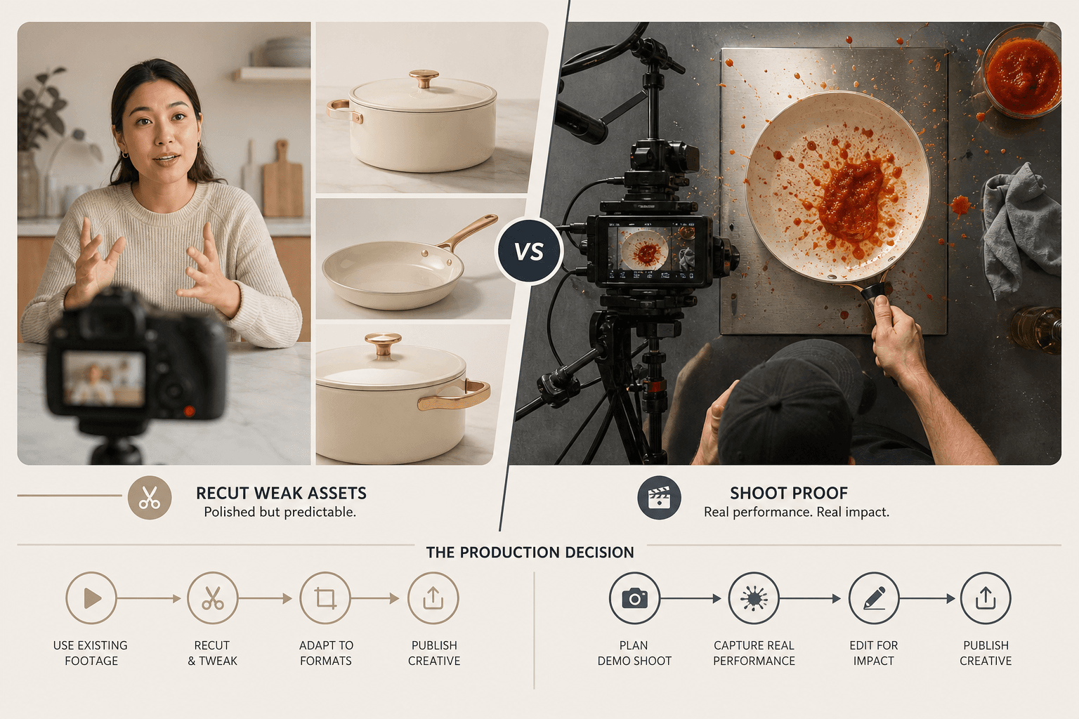 Comparison image of a kitchenware production decision: on one side a founder talking to camera beside polished product renders, on the other side an actual stovetop splatter demonstration being filmed overhead; clear visual contrast between recutting weak assets and shooting proo