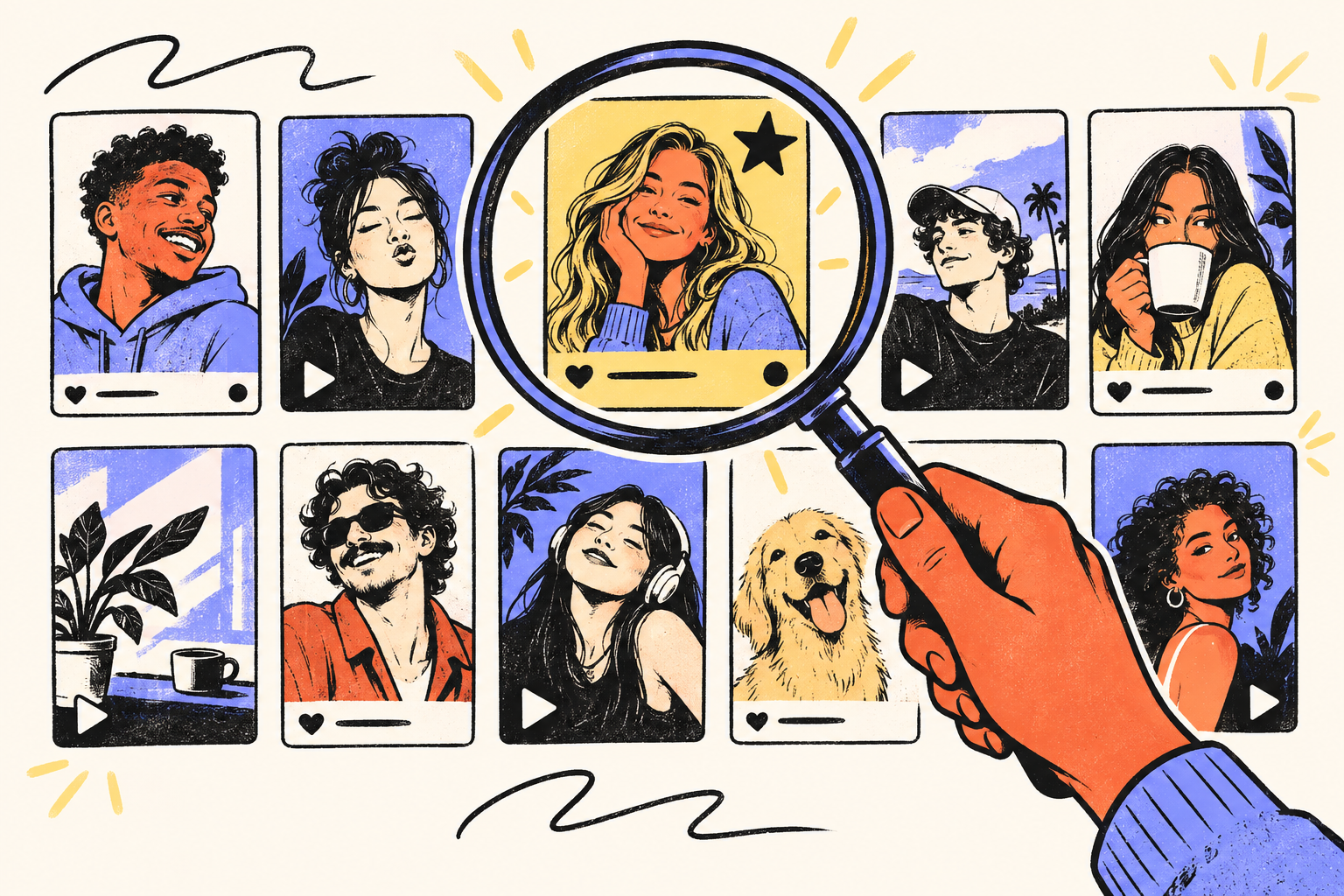 An illustrated magnifying glass selecting a relevant creator from a diverse portfolio grid