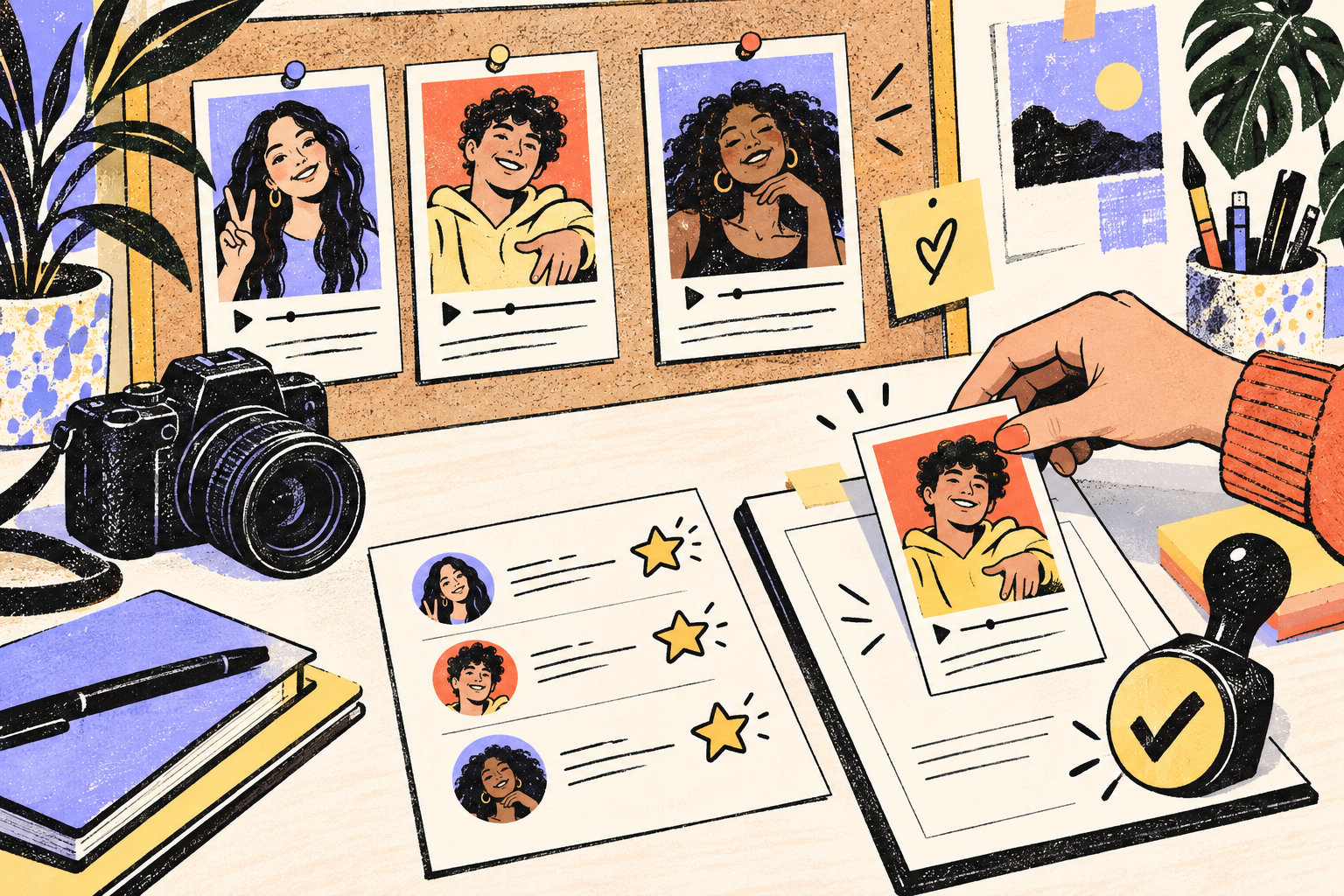 Creator storyboards, a camera and a scorecard for a small paid UGC production pilot